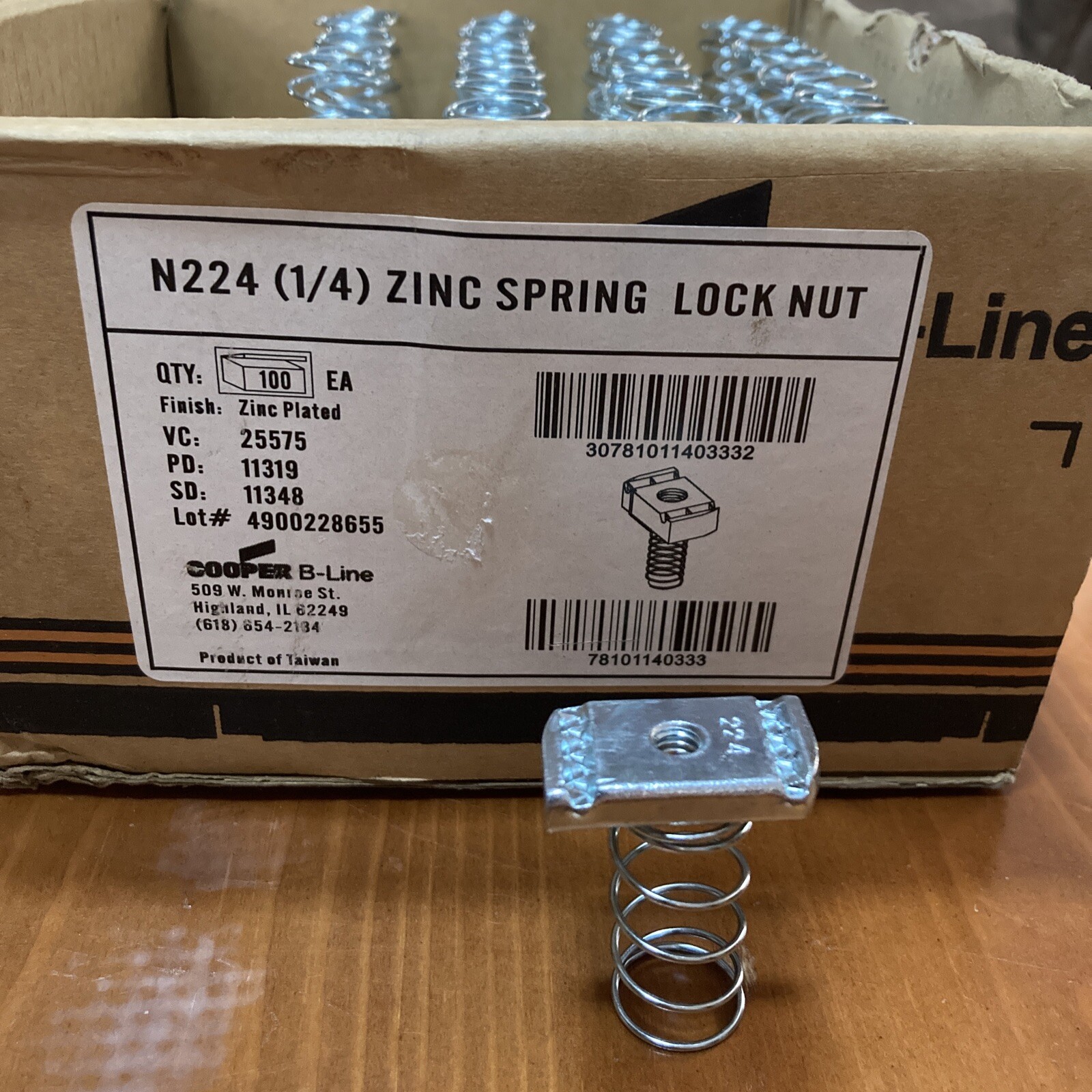 (87 PCs) NEW COOPER B-LINE N224 ( 1/4 ) ZINC SPRING LOCK NUT PARTIAL BOX