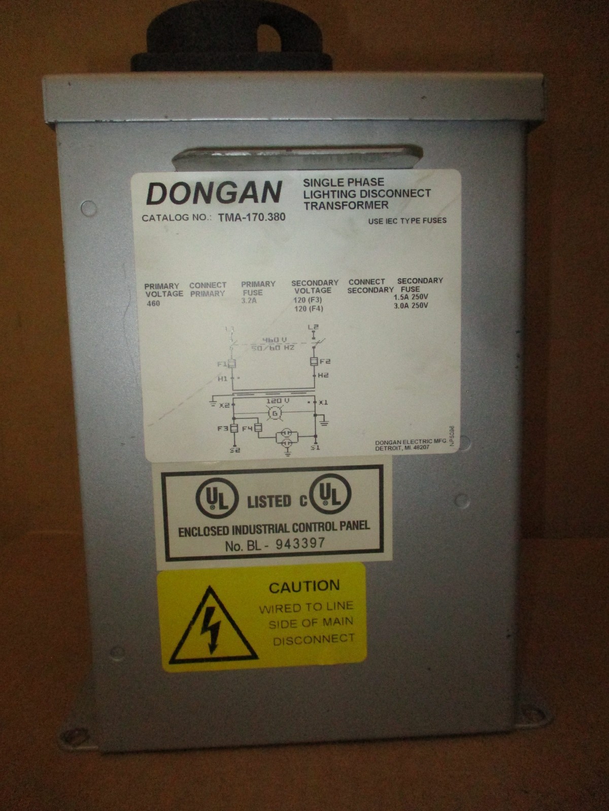 Dongan TMA-170.380 Pri. 460V 1PH Lighting Disconnect Transformer 53304AH