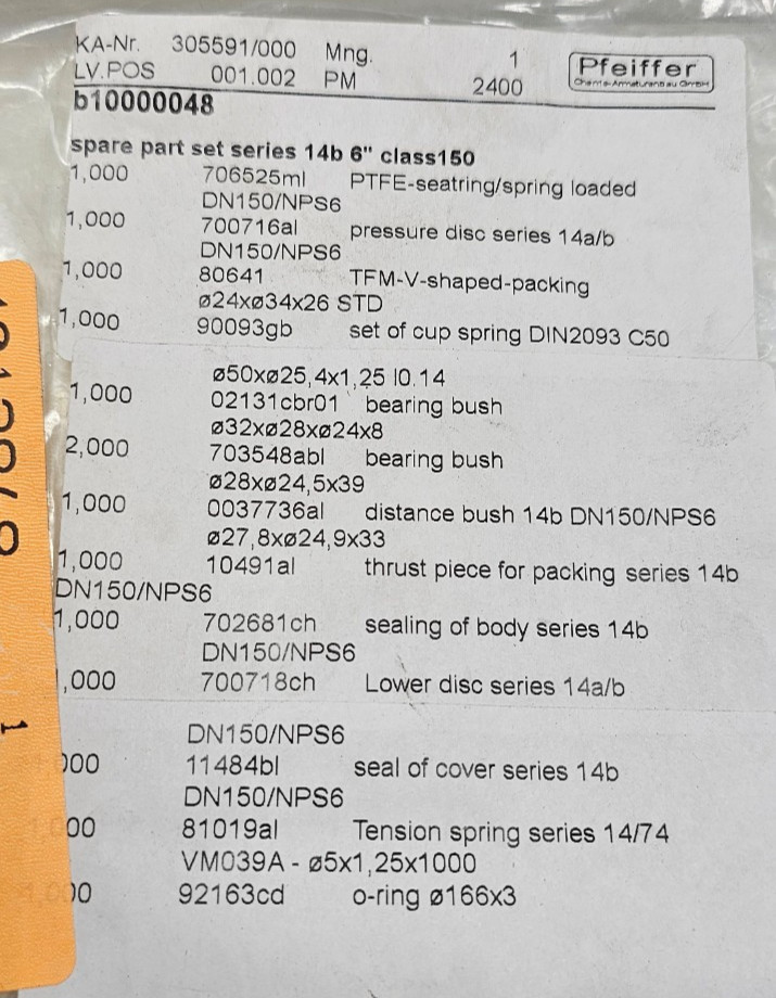 Pfeiffer B10000048 Spare Part Set Series 14b NPS 6″ CL150, Bushing,Seal,Spring