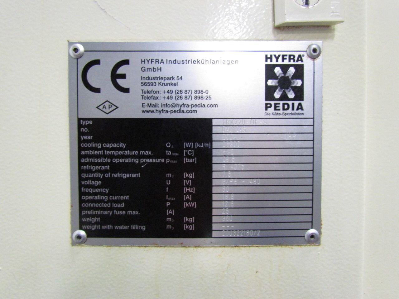 HYFRA TRK220-OF-S Immersion Recooler Plug-in plug-out water chiller 480V 3 Ph