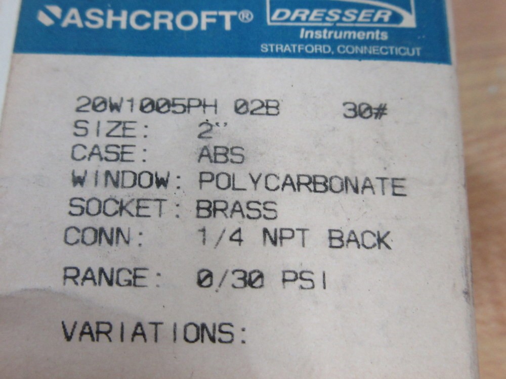 Ashcroft 20W1005PH 02B 30# Pressure Gauge 20W1005PH02B30