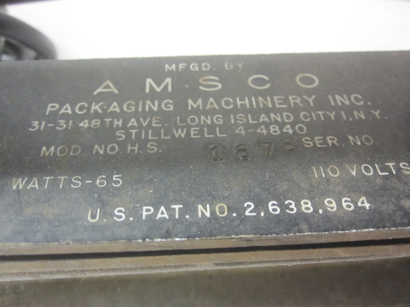 Amsco 1953 Packaging Machinery Thermoplastic Heat-Sealing Machine