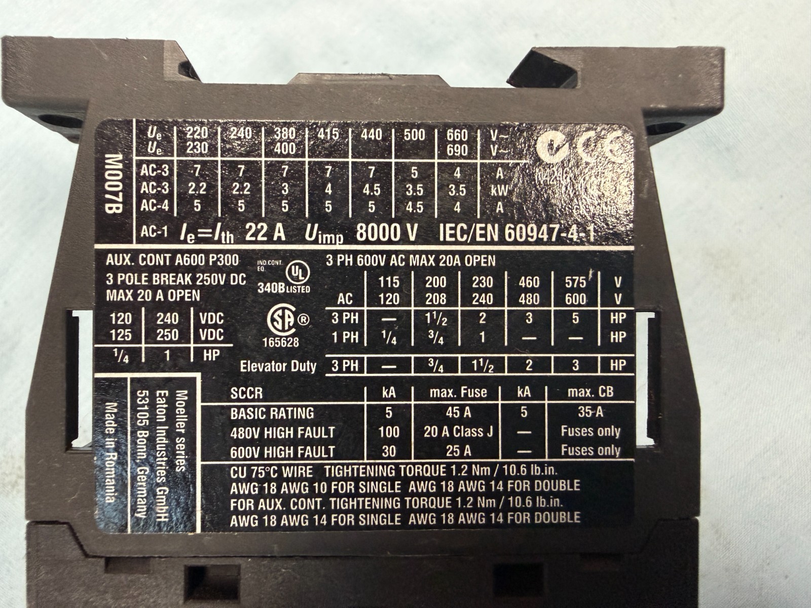 EATON IEC/EN 60947-4-1 CONTACTOR M007B XTCE007B10