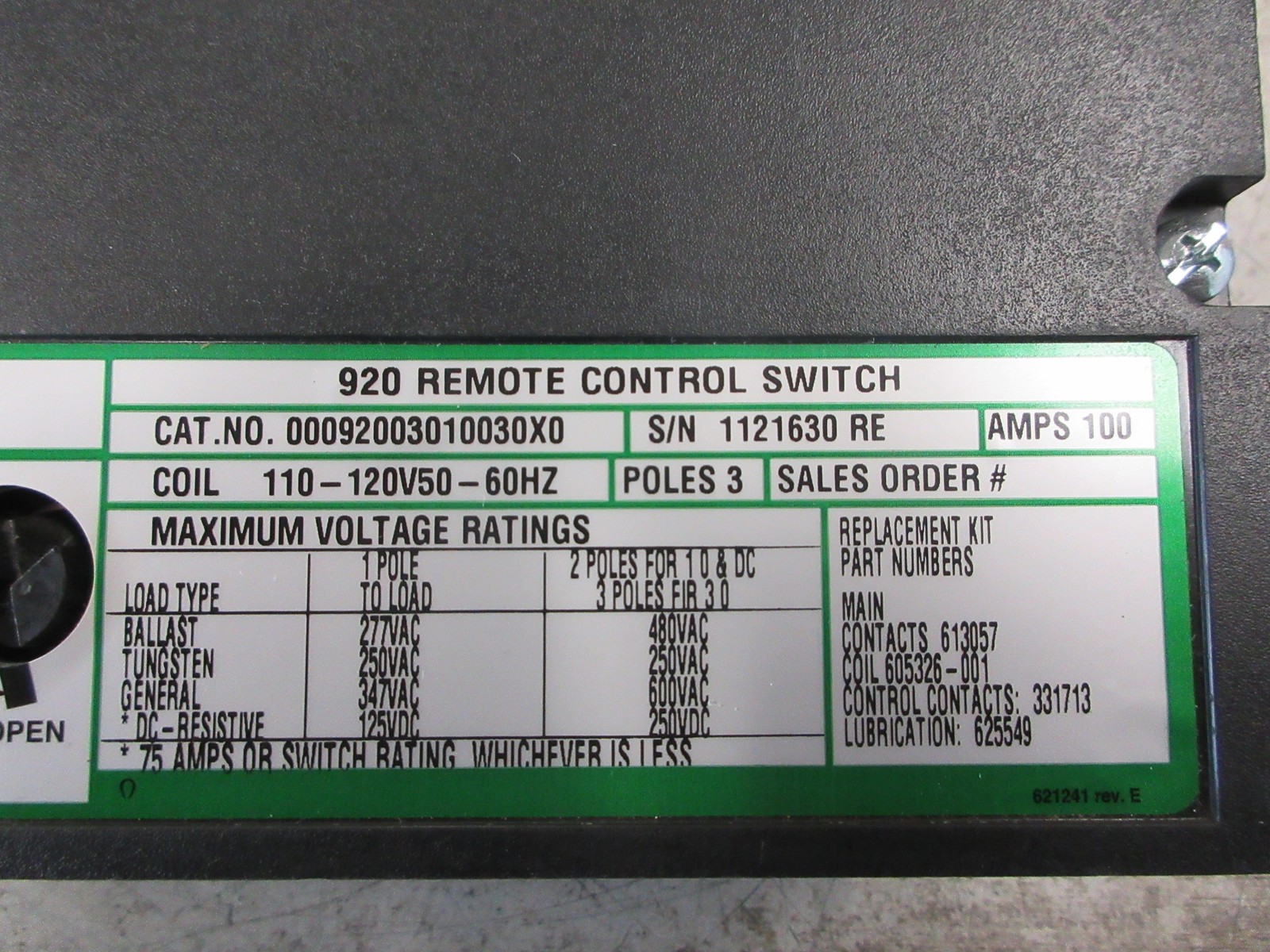 ASCO 920 Remote Control Switch 00092003010030X0 100A 110-120V Coil 3P 600V Used