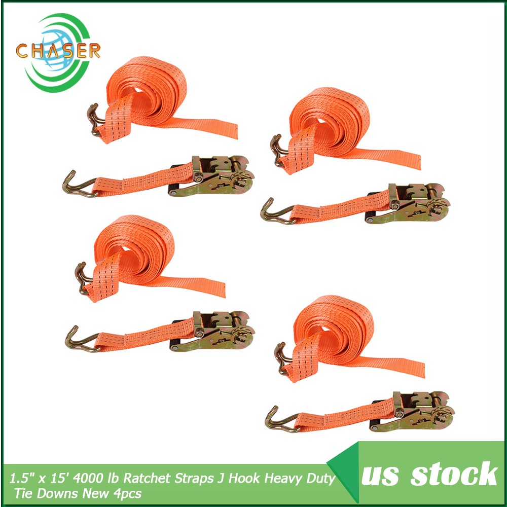 4 Set 1.5″ x 15′ Ratchet Straps 4000 lb J Hook Heavy Duty Tie Downs New