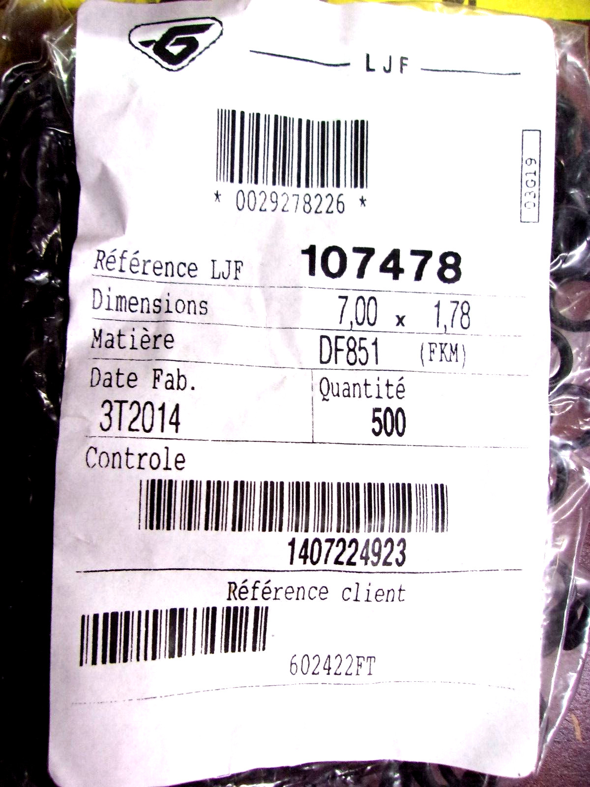 LJF 107478 O-Ring DF851 (FKM) 7.00mm x 1.78mm (Bag of 500)
