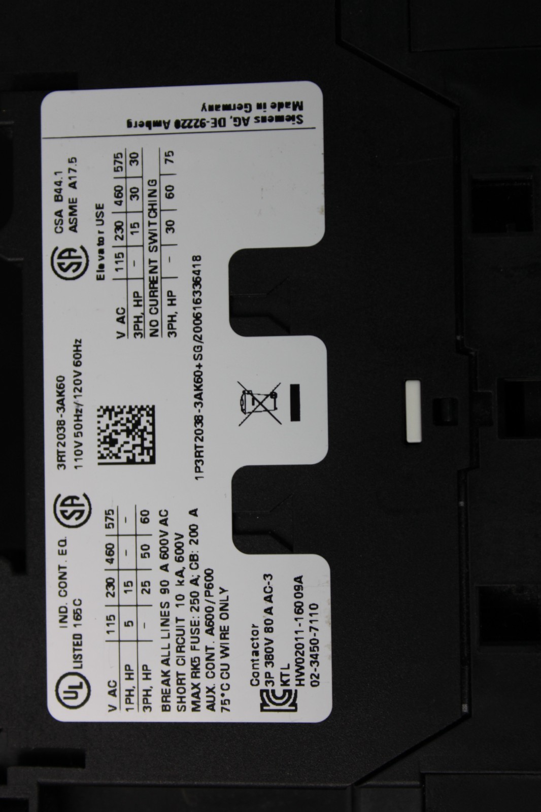 SIEMENS CONTACTOR 3RT2038-3AK60 110v/120v 3RT293-61BC00 SURGE SUPRES INSTALLED