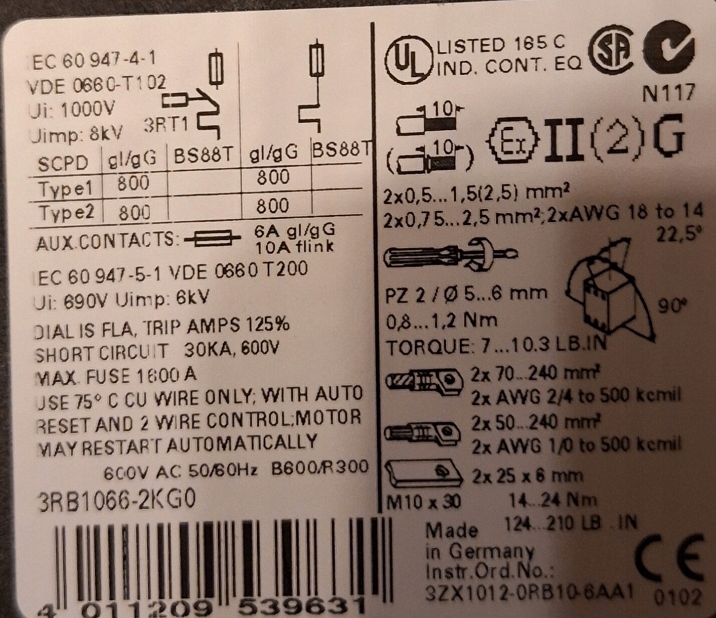 Siemens 3RB1066-2KG0 Overload Relay 200-540A Class 20 for S10/S12