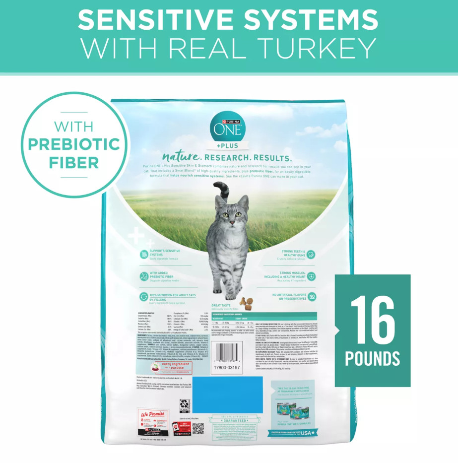 2 Pack Purina ONE Plus, Sensitive Skin & Stomach, Dry Cat Food, Turkey, 16 lb