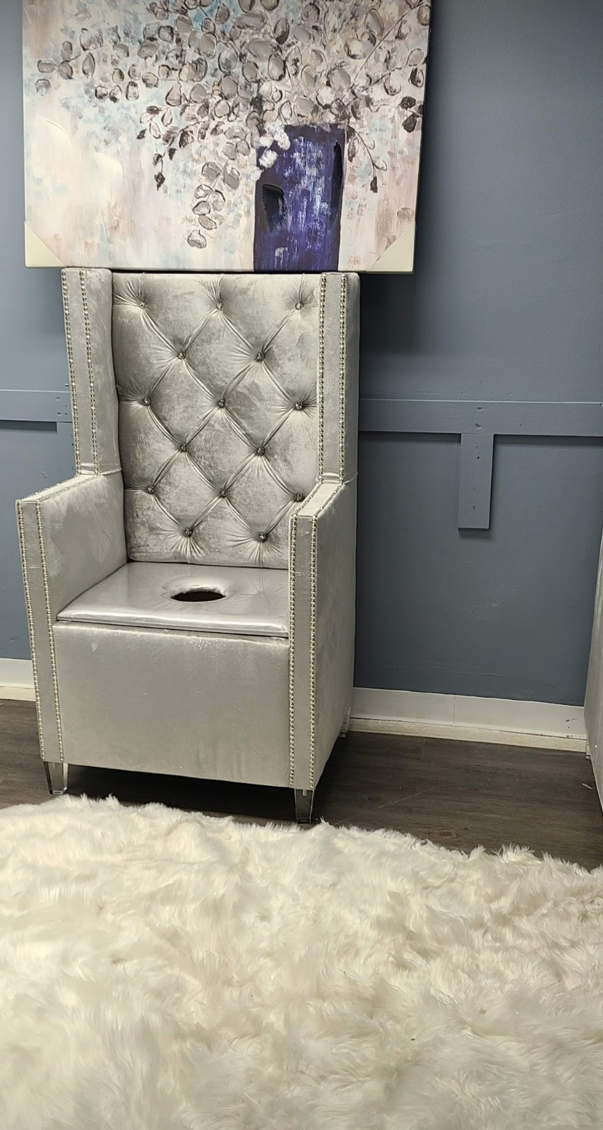 Gray velour custom made V-Steam Throne/chair with silver nail heads