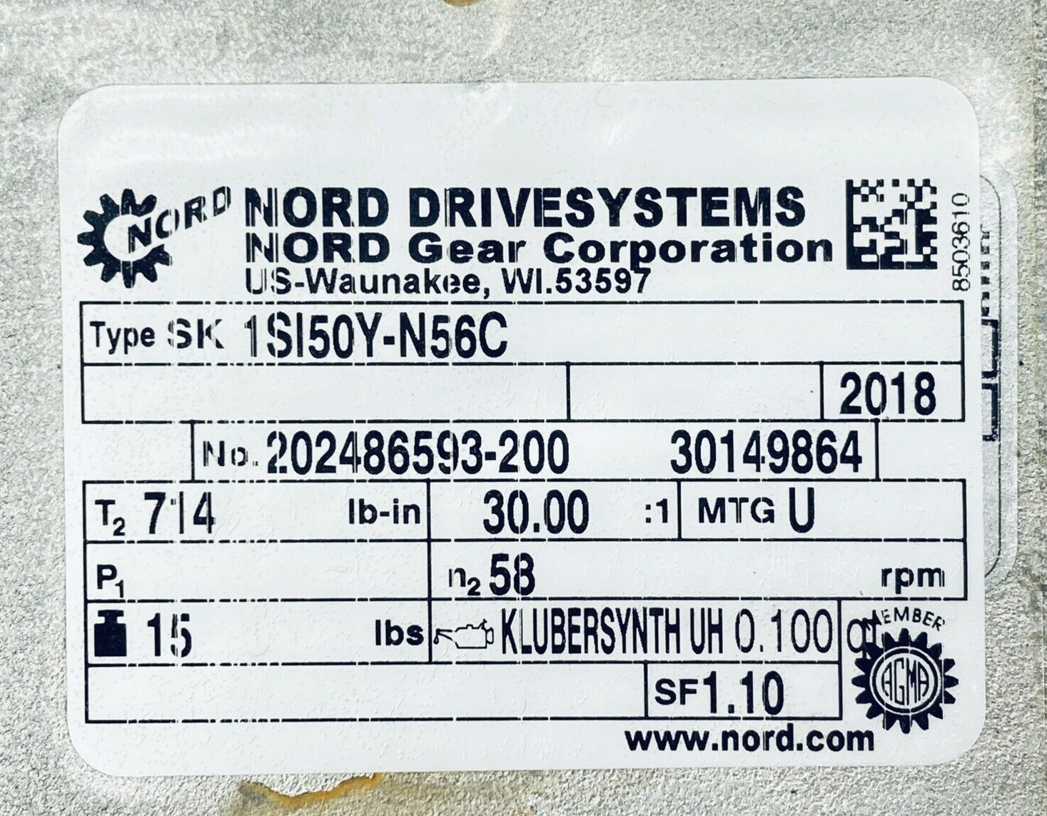 NORD SK1SI50Y-N56C WORM GEAR SPEED REDUCER GEARBOX 58RPM 15LBS RATIO-30:1
