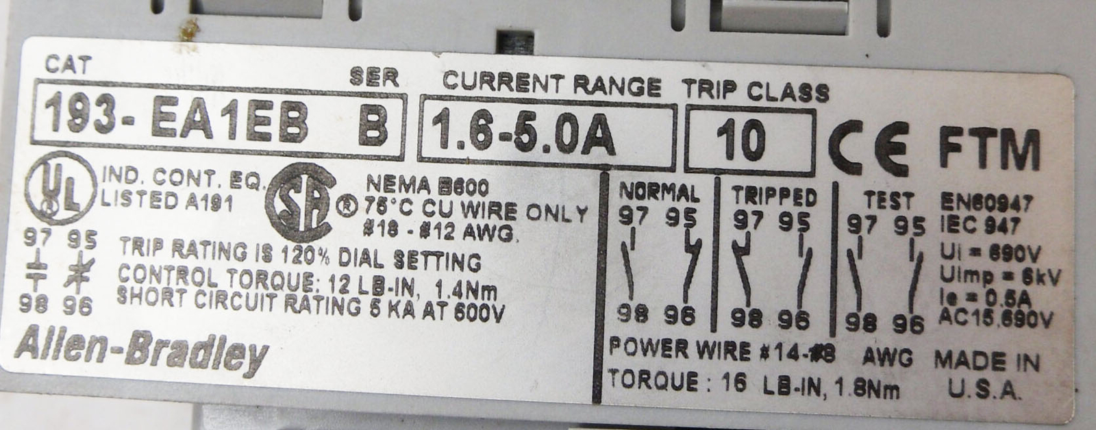 ALLEN BRADLEY 100-C09*10 /A CONTACTOR 600VAC 25A W/ 193-EA1EB /B OVERLOAD RELAY