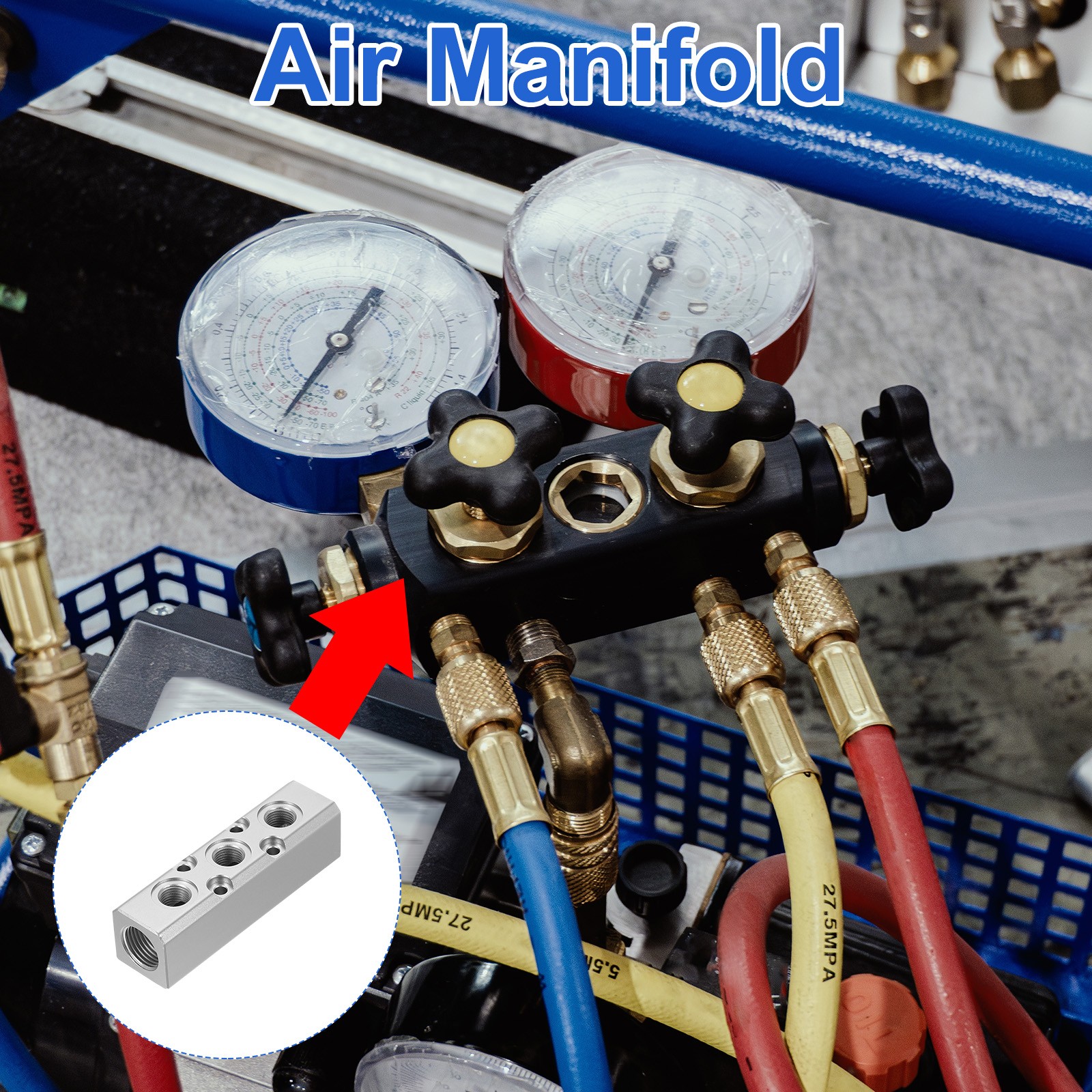 3 Way 5 Port 1/4″ Output Port 1/2″ Supply Port Air Hose Inline Manifold, Silver