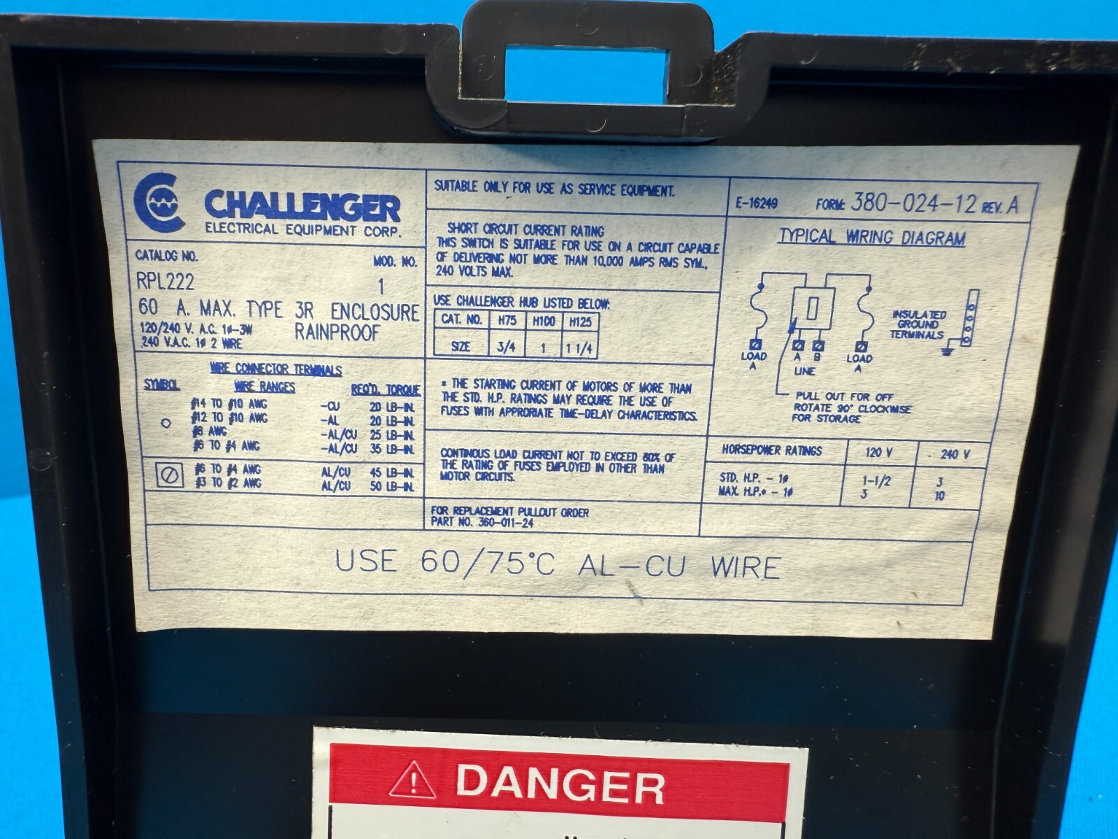 Challenger RPL222 60A 240VAC Type-3R Enclosure Fusible Disconnect Switch
