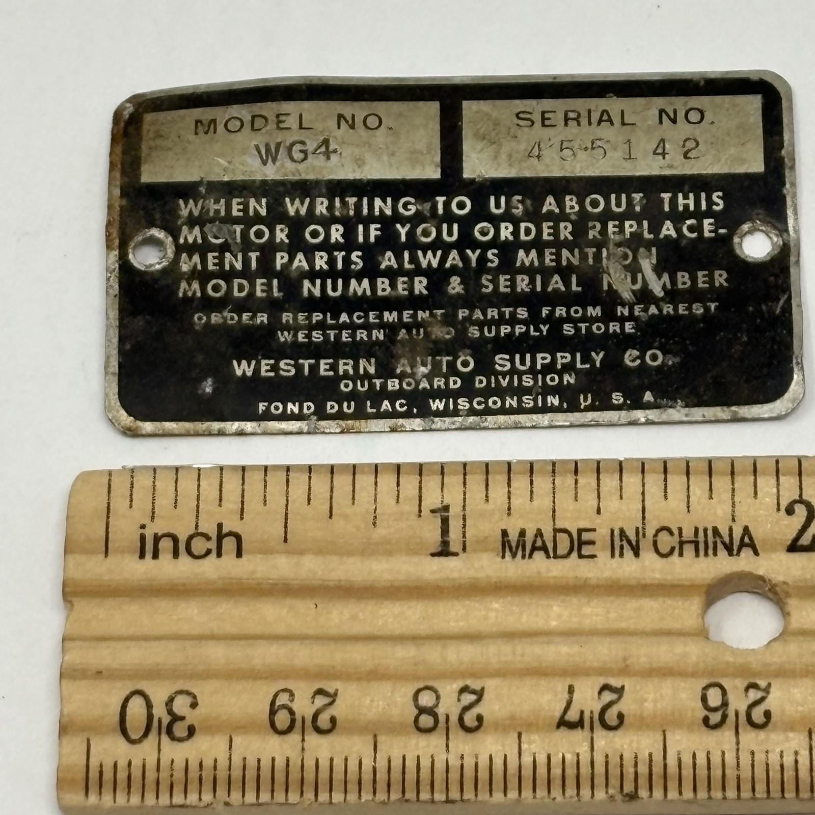 Western Auto Supply Co. Outboard WG4 Model Serial Number ID Tag Name Plate