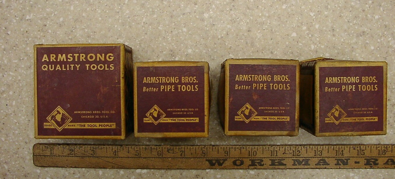 Vntg Ratcheting Die Stock Head,W/1-1/4″,1″,3/4″,& 1/2″ Armstrong Dies/Orig Boxes