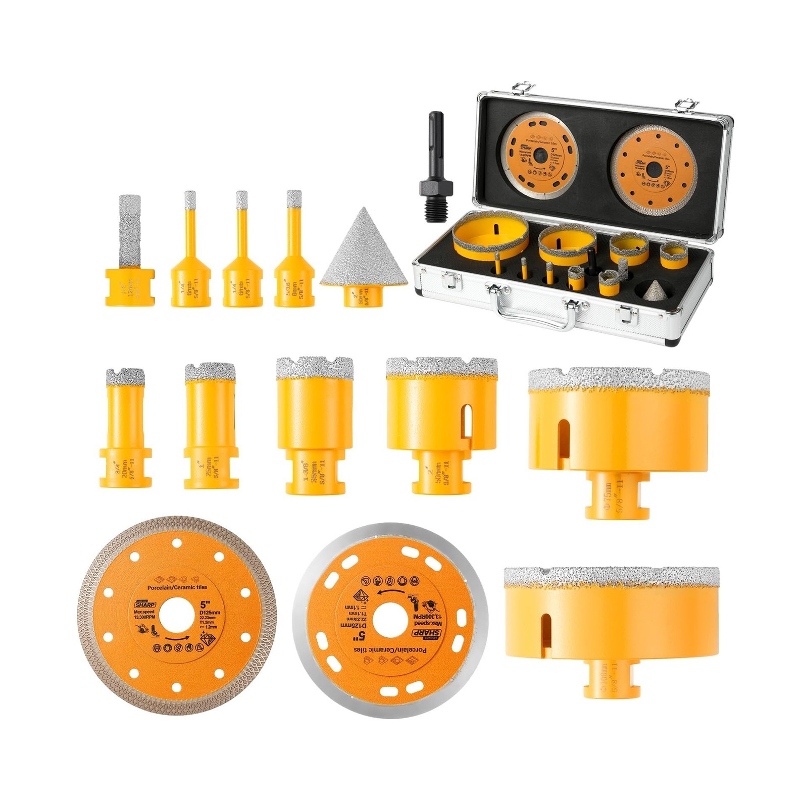 14Pcs Diamond Tile Hole Saw Kit,6/6/8/20/25/35/50/75/100MM Core Drill Bits Se…