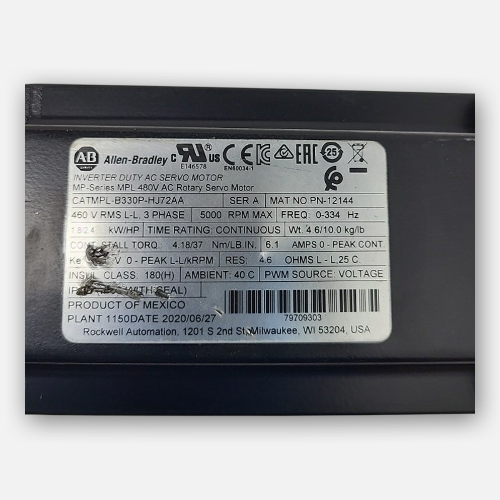 NEW ALLEN BRADLEY MPL-B330P-HJ72AA /A INVERTER ROTARY SERVO MOTOR 3PH