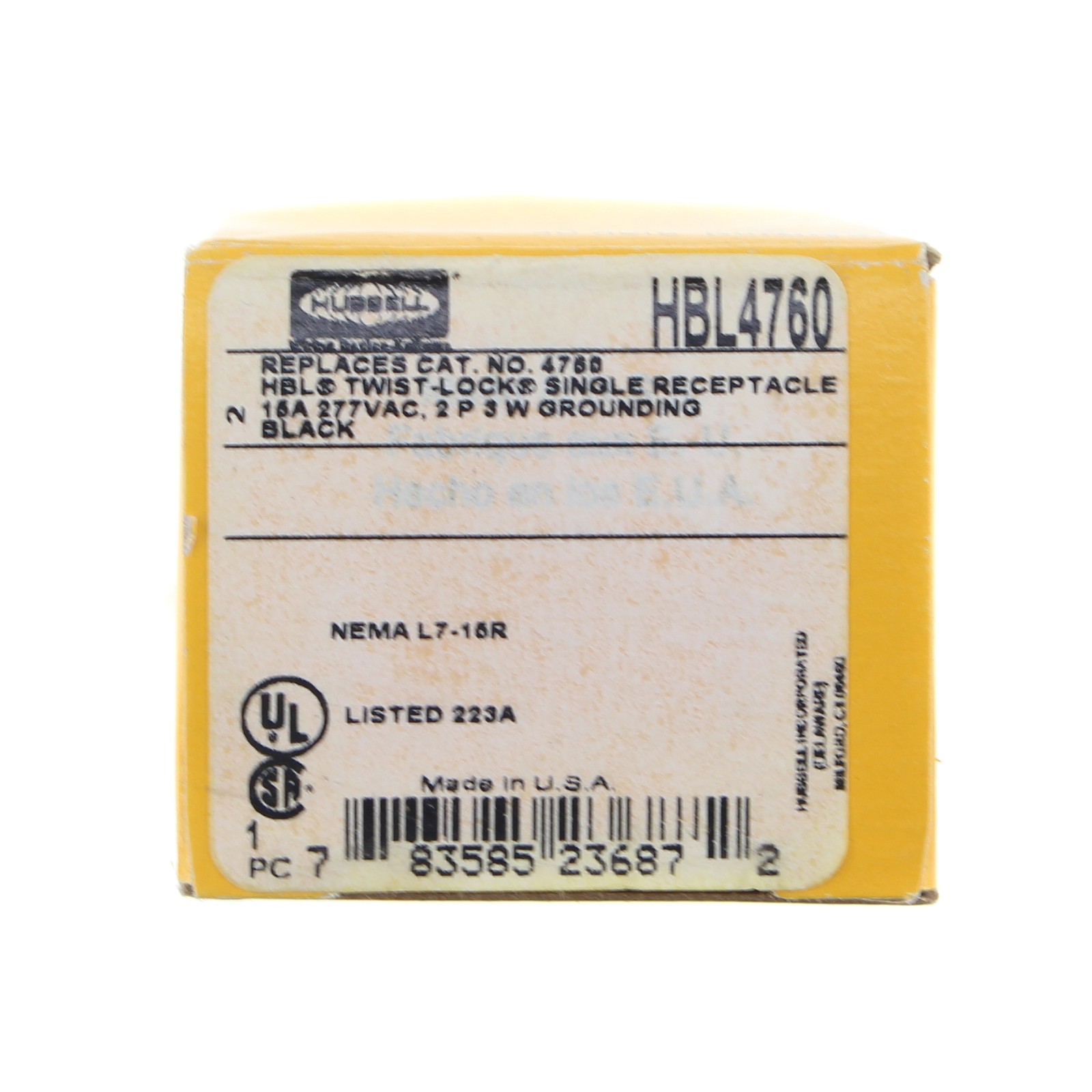 HUBBELL HBL4760 TWIST-LOCK RECEPTACLE, NEMA L7-15R, 2P, 3W, 277V, 15A