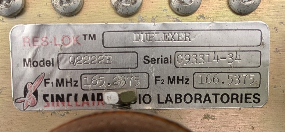 Used Sinclair VHF Duplexer Model: Q2222E 144 – 168 MHz