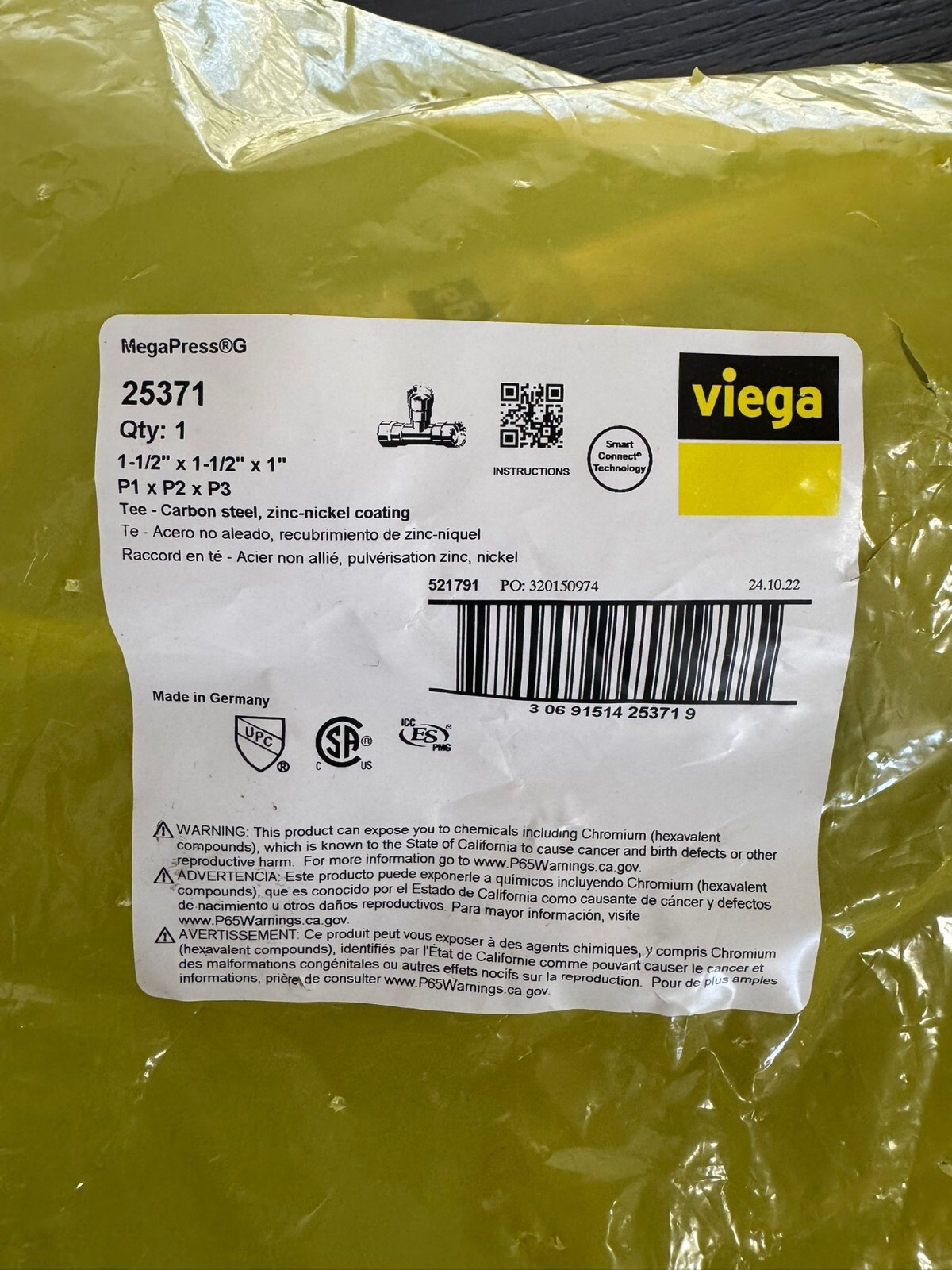 Viega 1-1/2″ x 1-1/2″ x 1″ MegaPressG #25371