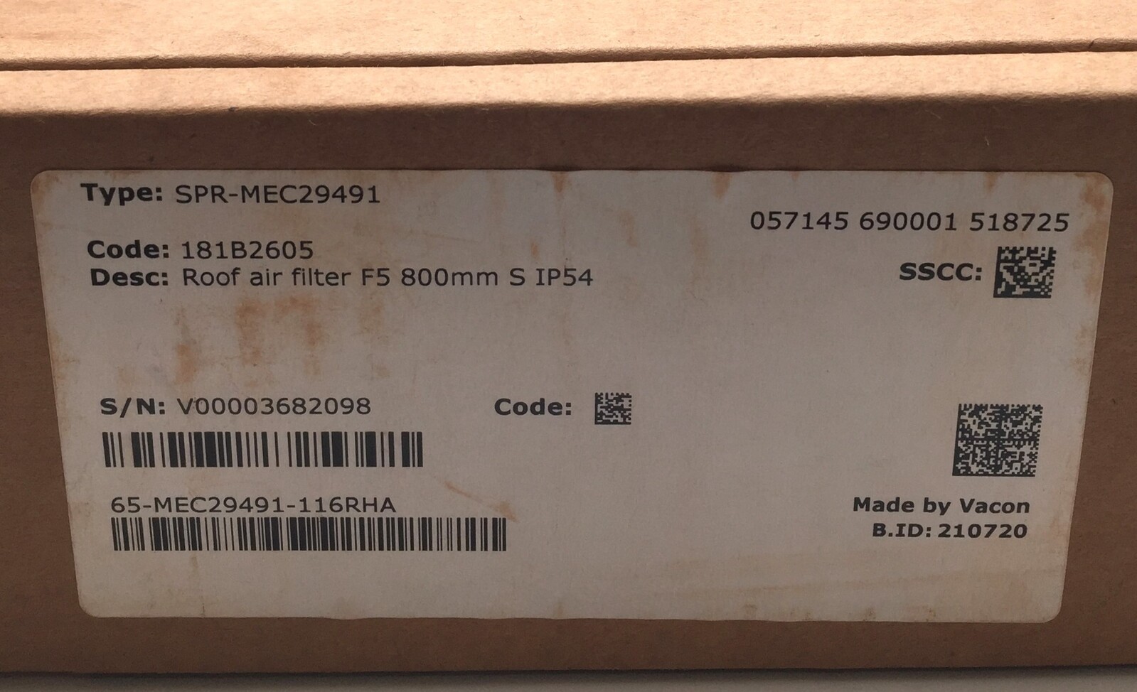Vacon SPR-MEC29491 Roof Air Filter F5 800mm S 65-MEC29491-116RHA IP54