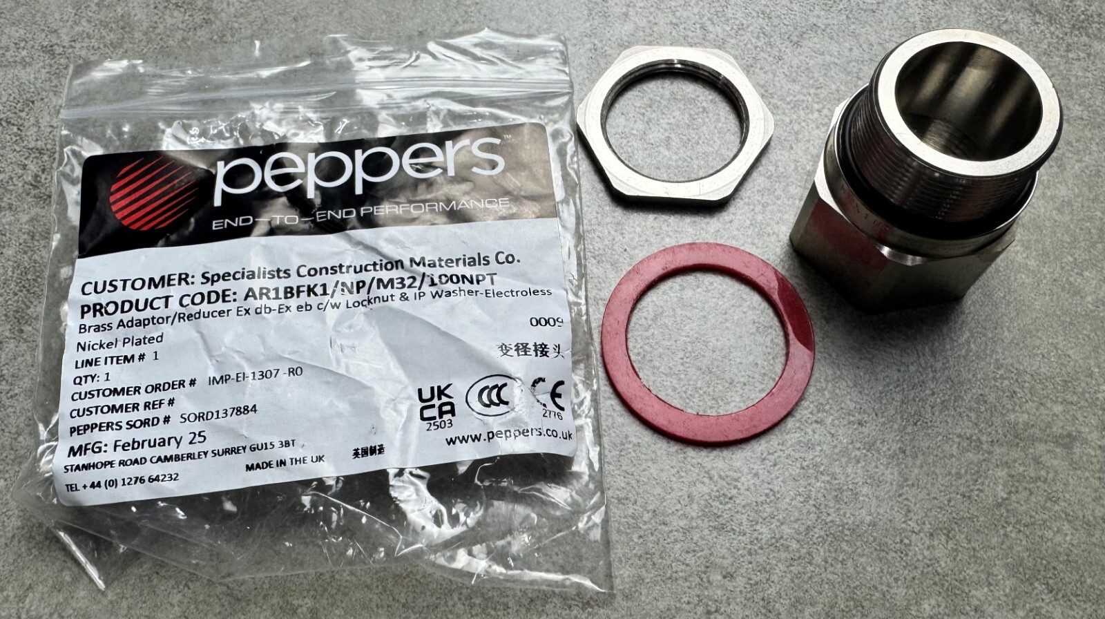 PEPPERS AR1BFK1/NP/M32/100NPT N.P Brass Adaptor Ex M32 Male to 1″ Female + Acc