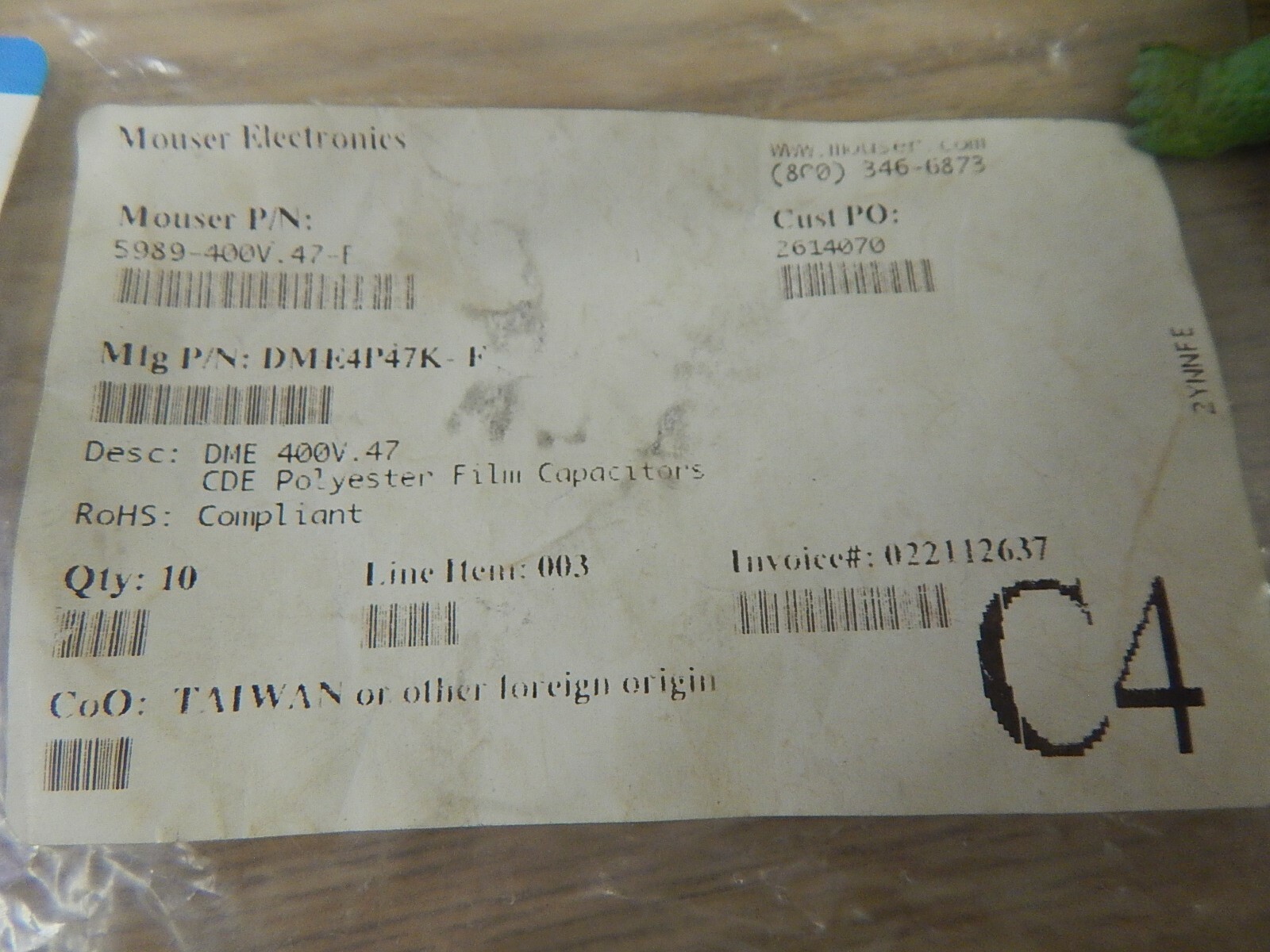 NEW Mouser Electronics 5989-400V.47F Polyester Film Capacitors, Lot of 4