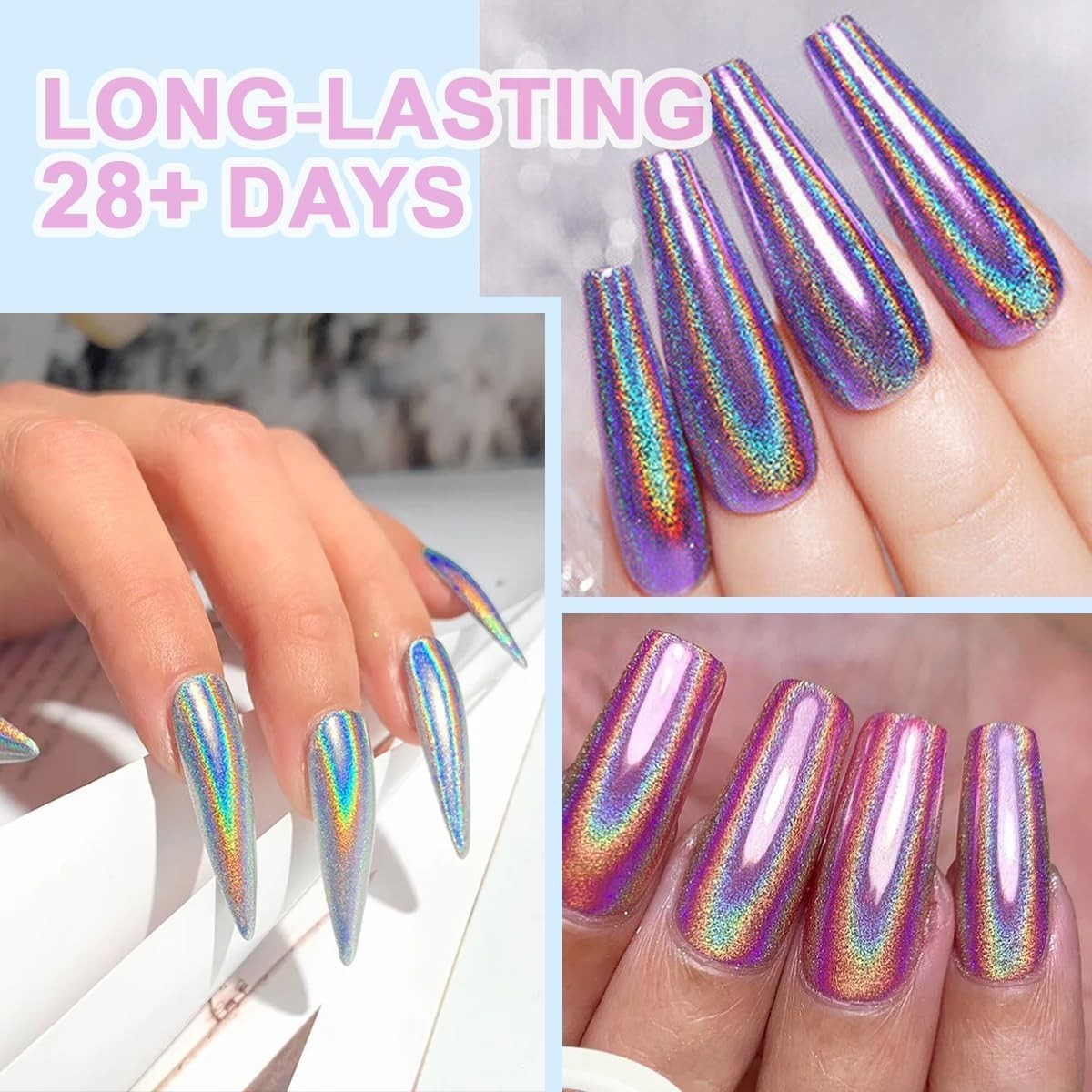 Furtherpretty Holographic Chrome Nail Powder, 10 Colors Metallic