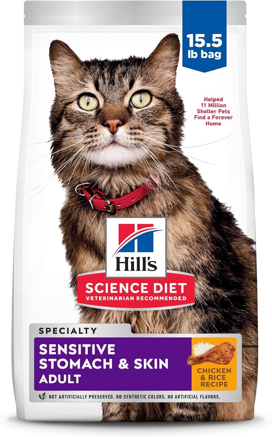 Hill’s Science Diet Adult Sensitive Stomach&Skin Dry Cat Food,Chicken&Rice,15.5l