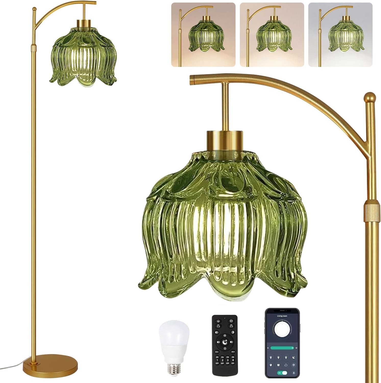 Mid Century Modern Gold Floor Lamp with Remote – Dimmable Brass & Green Glass Ar