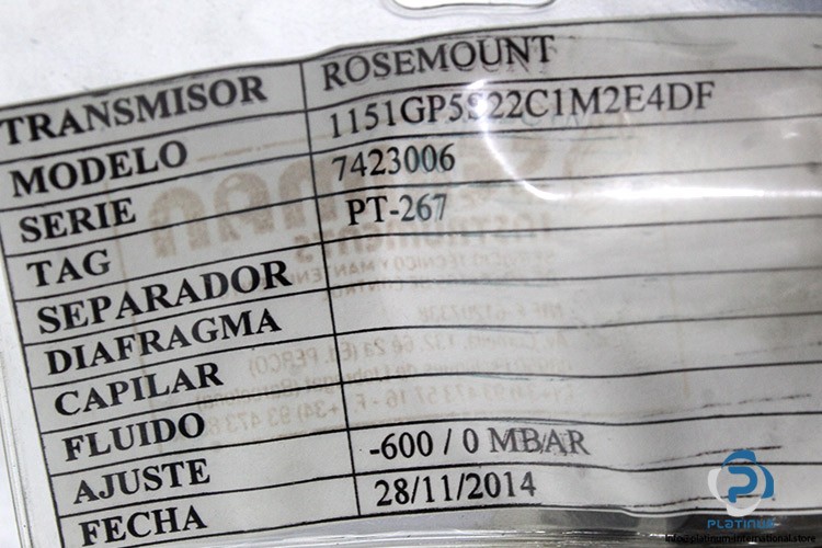 ROSEMOUNT 1151GP5S22C1R2M4DF PRESSURE TRANSMITTER_-600 / 0 MBAR_ 12 VDC_140 bar