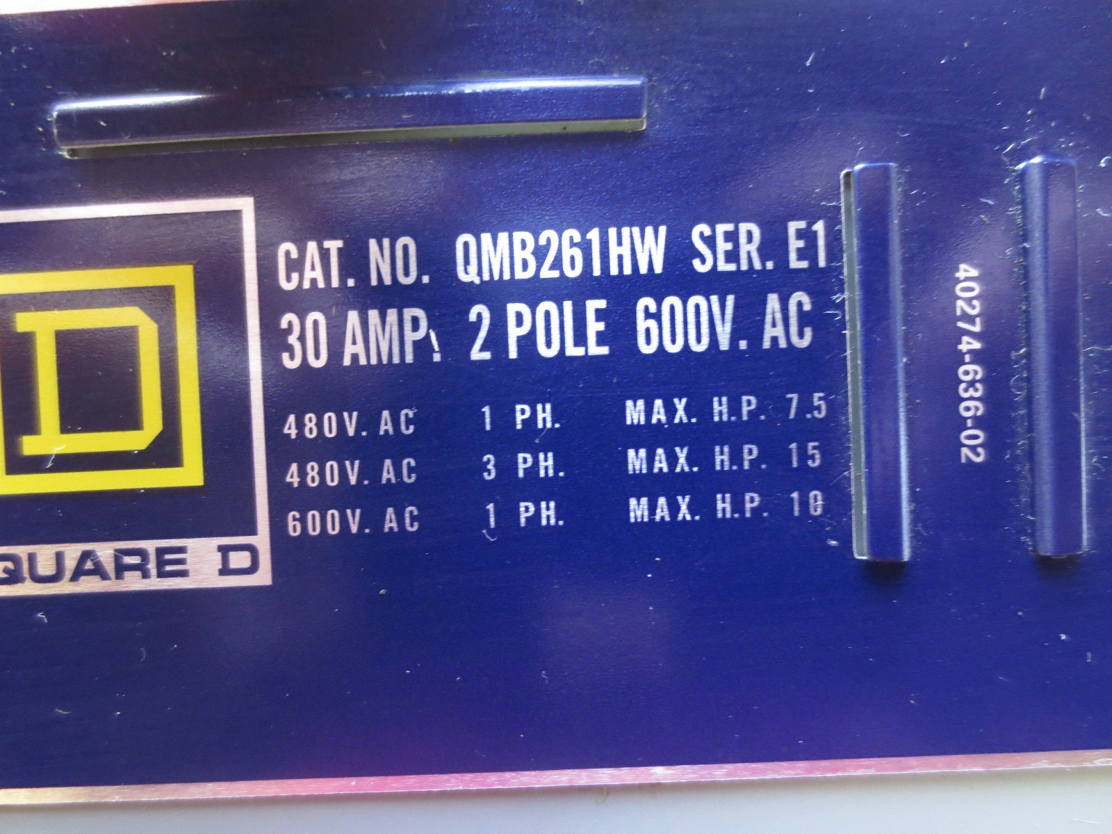 SQUARE D QMB261HW QMB BRANCH SWITCH – 30A, 600V, 2-POLE – NEW SURPLUS