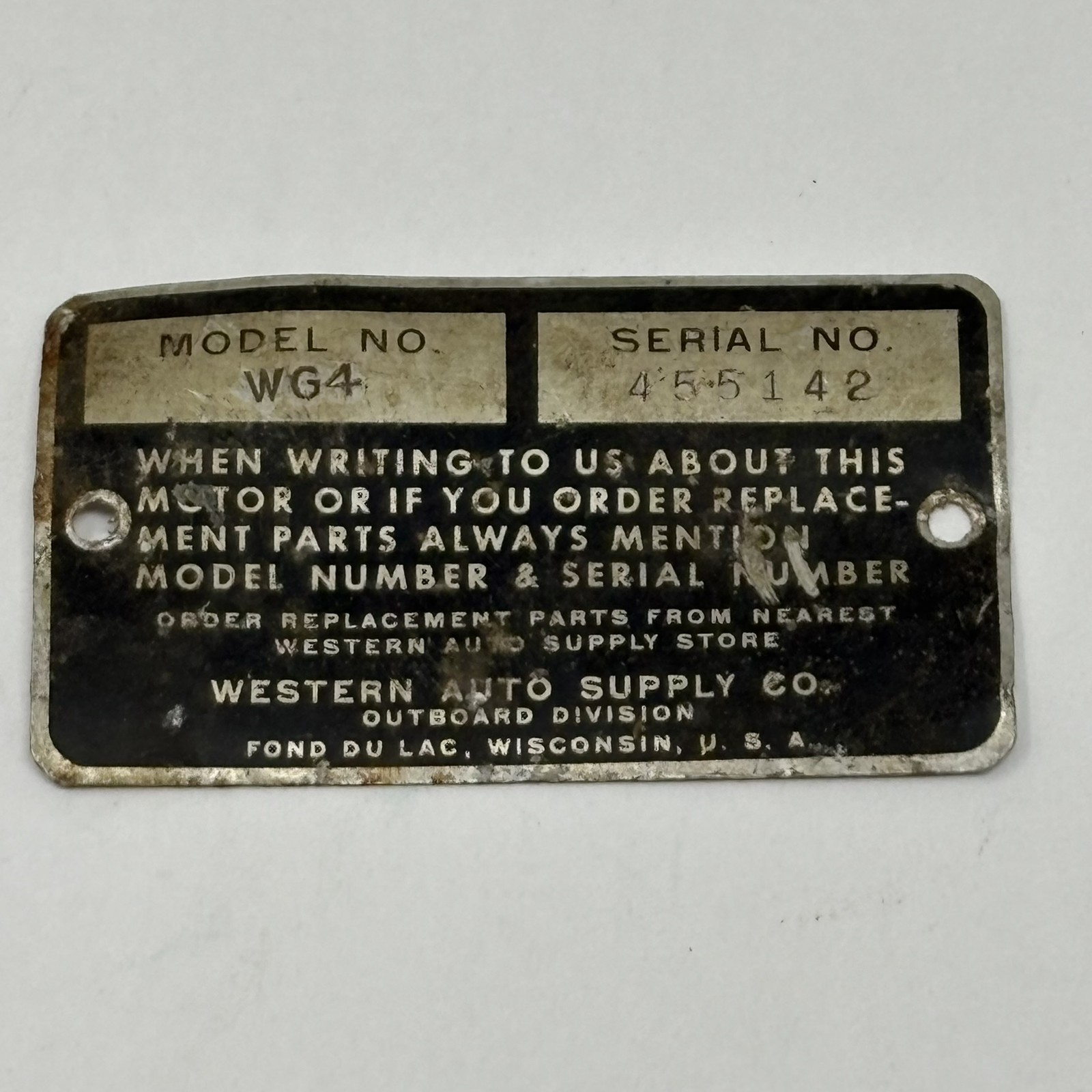 Western Auto Supply Co. Outboard WG4 Model Serial Number ID Tag Name Plate