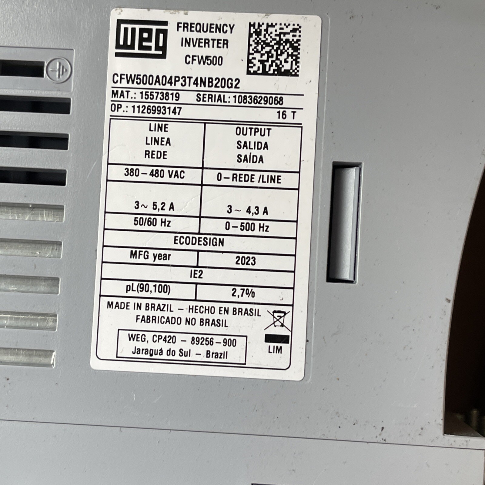 Weg CFW500A04P3T4NB20G2 VFD 4.3 Amp 3 HP 460 VAC Three-Phase Input