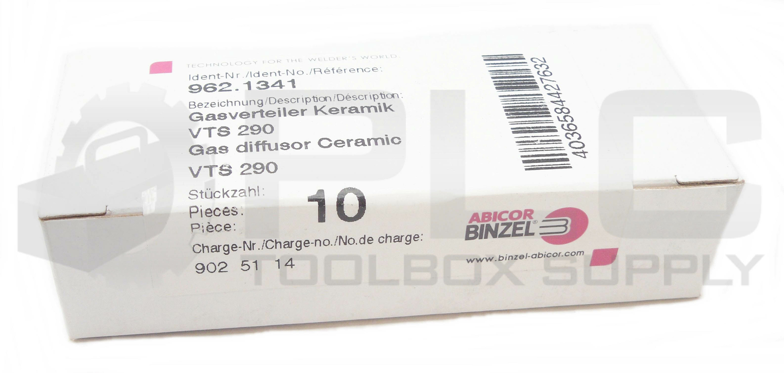 BOX OF 10 NEW SEALED ABICOR BINZEL 962.1341 GAS DIFFUSOR CERAMIC VTS-290