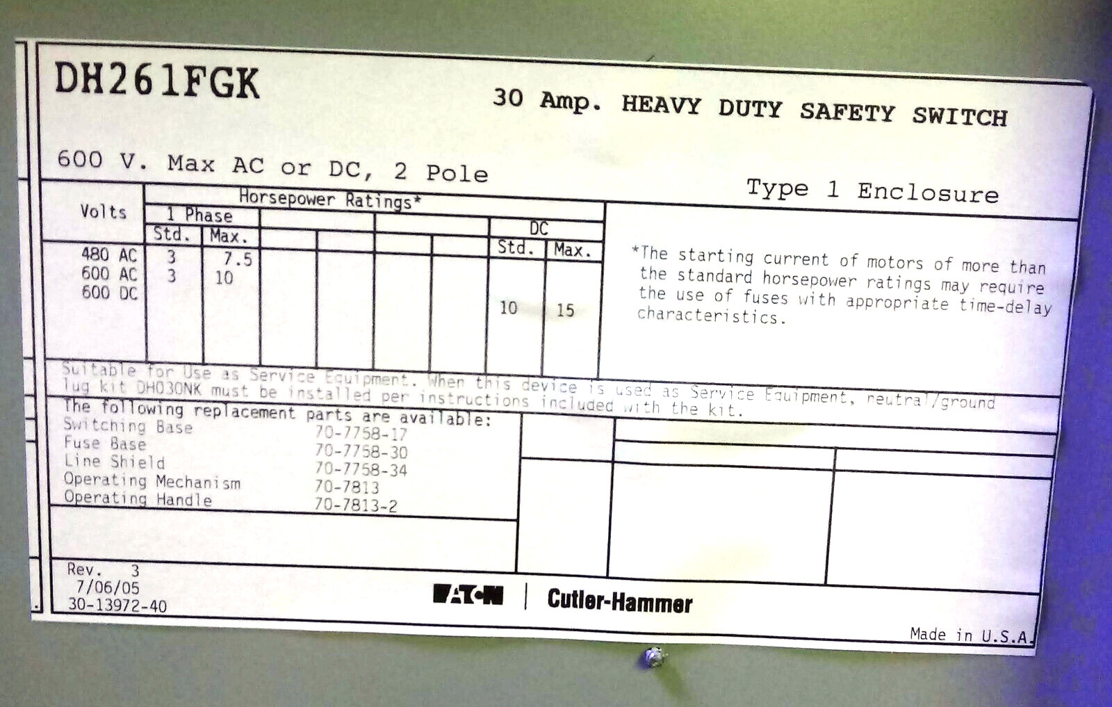 1 NEW EATON DH261FGK 30A/2P/600V SAFETY SWITCH NNB ***MAKE OFFER***