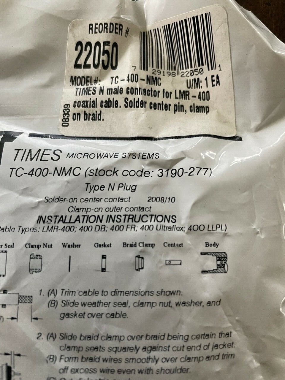 TIMES MICROWAVE TC-400-NMC Qty of 3 per Lot CONNECTOR N MALE STAIGHT PLUG