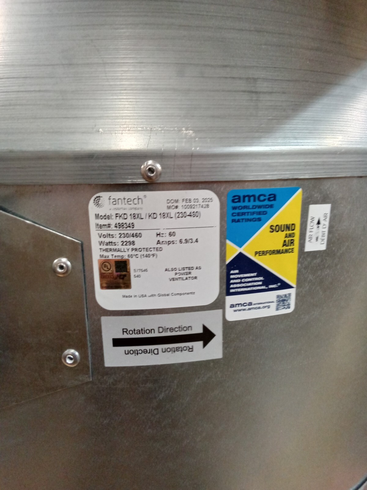 Fantech 230/460V 60 Hz 2298W 18″ Duct Thermally Protected 3 Ph IP54 Galvanized