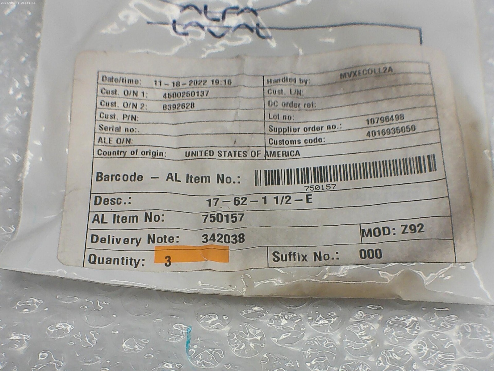 ALFA LAVAL 750157 SEAL PKG OF 3 NSNP