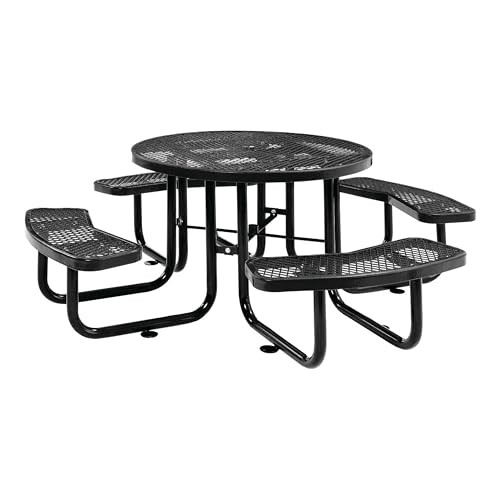 LAUCO 46-Inch Round Metal Picnic Table with Attached Benches, Black 1000 lb