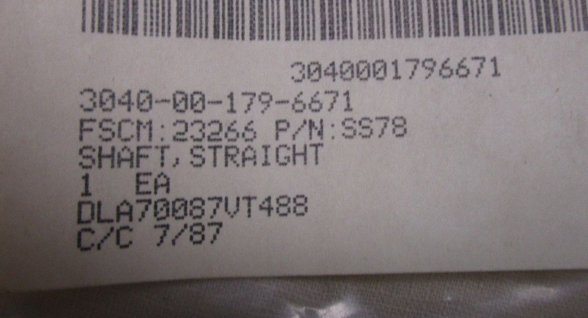 Straight Shaft, NSN3040-00-179-6671 P/N SS78, New