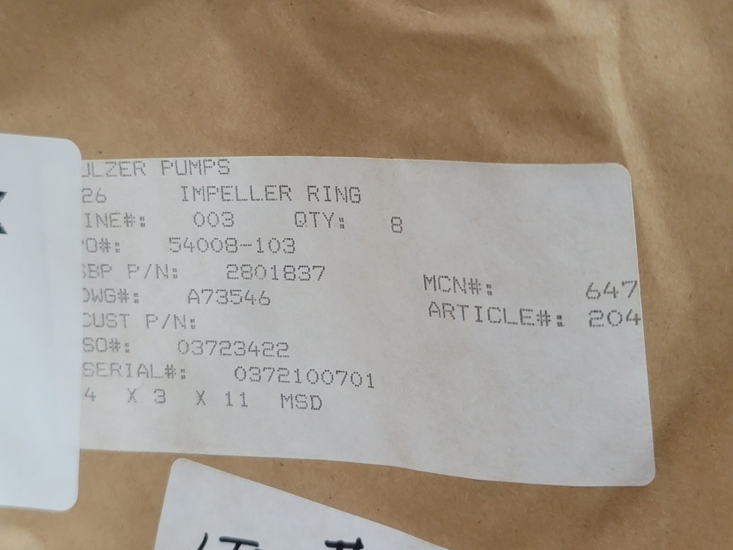 Sulzer Pumps Impeller Ring – Miscellaneous MRO