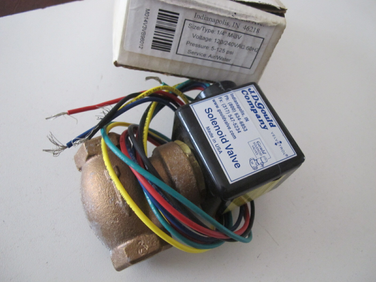 J.D. Gould M-3V Brass Solenoid Valve 1/4″ NPT 120v – 240v 5-125 psi – New