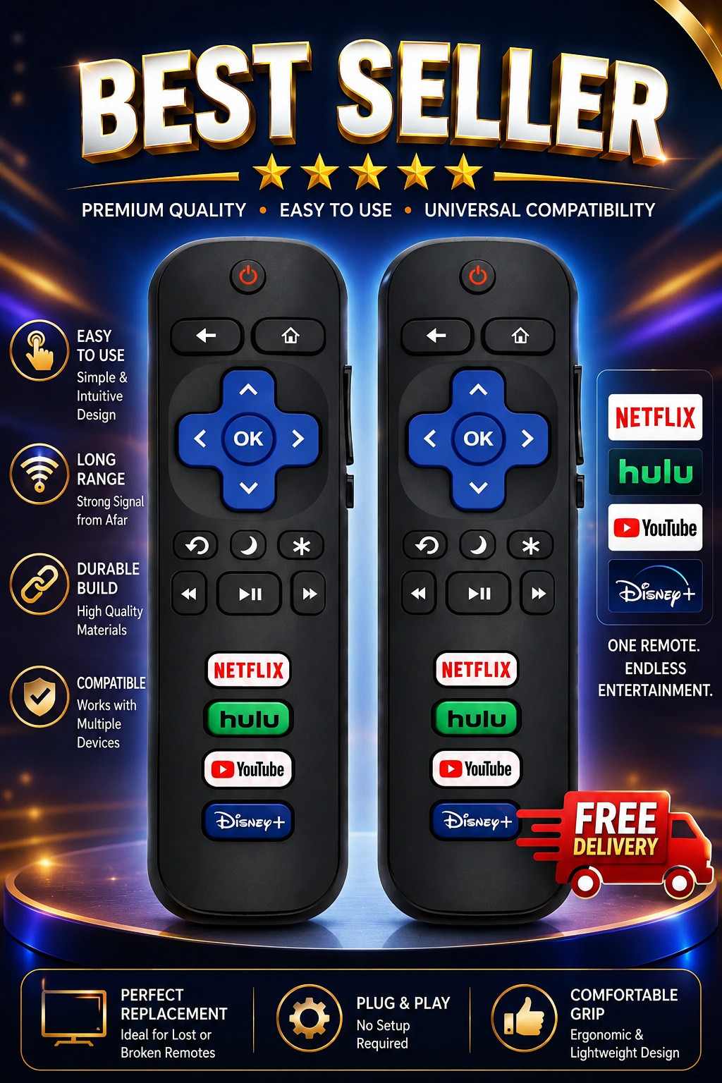 2-Pack New Replacement Remote For All Roku Smart TV TCL Hisense Onn Philips LG