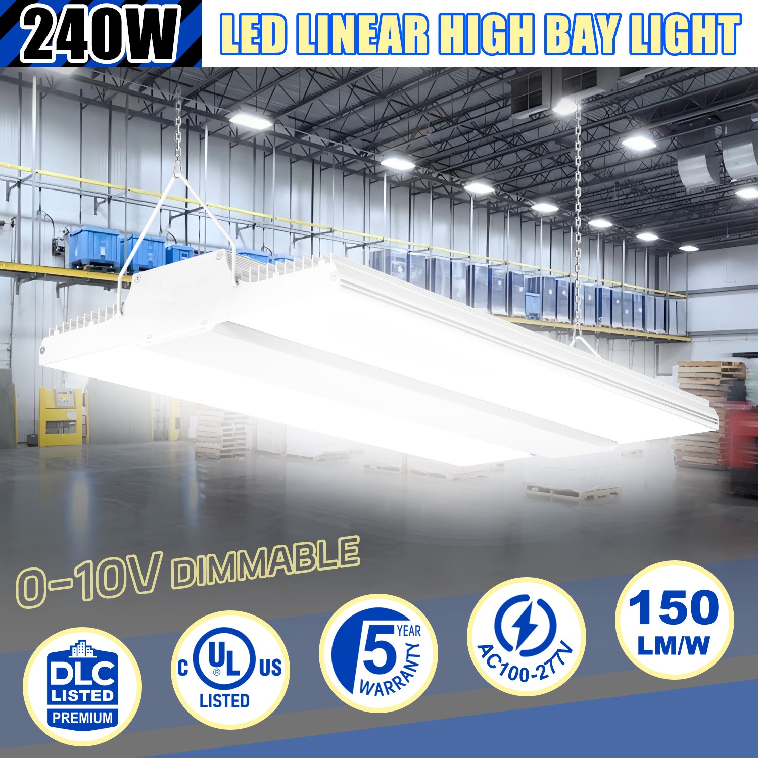 240W LED Linear High Bay Light Commercial Warehouse Shop Light Fixtures 33,600lm