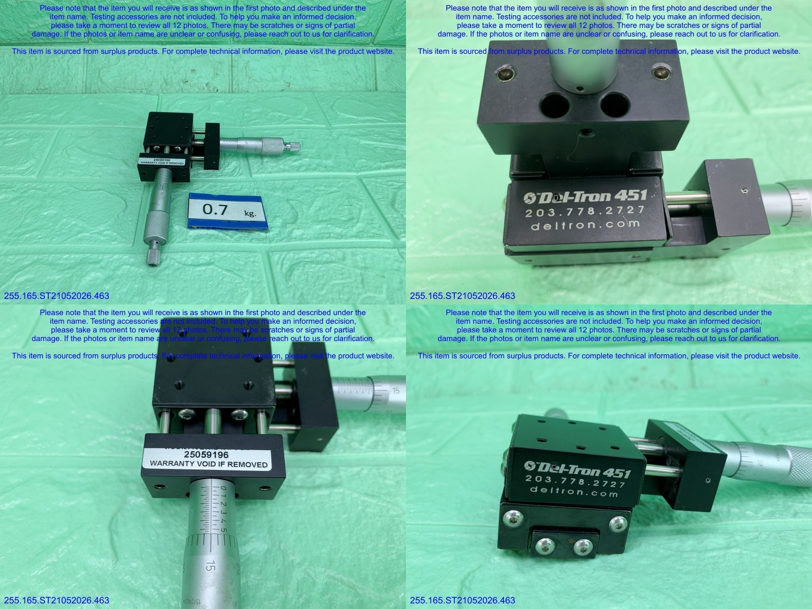 Del-Tron 451 Linear Positioning Stage&Micrometer as in photos, sn:9196, DHL