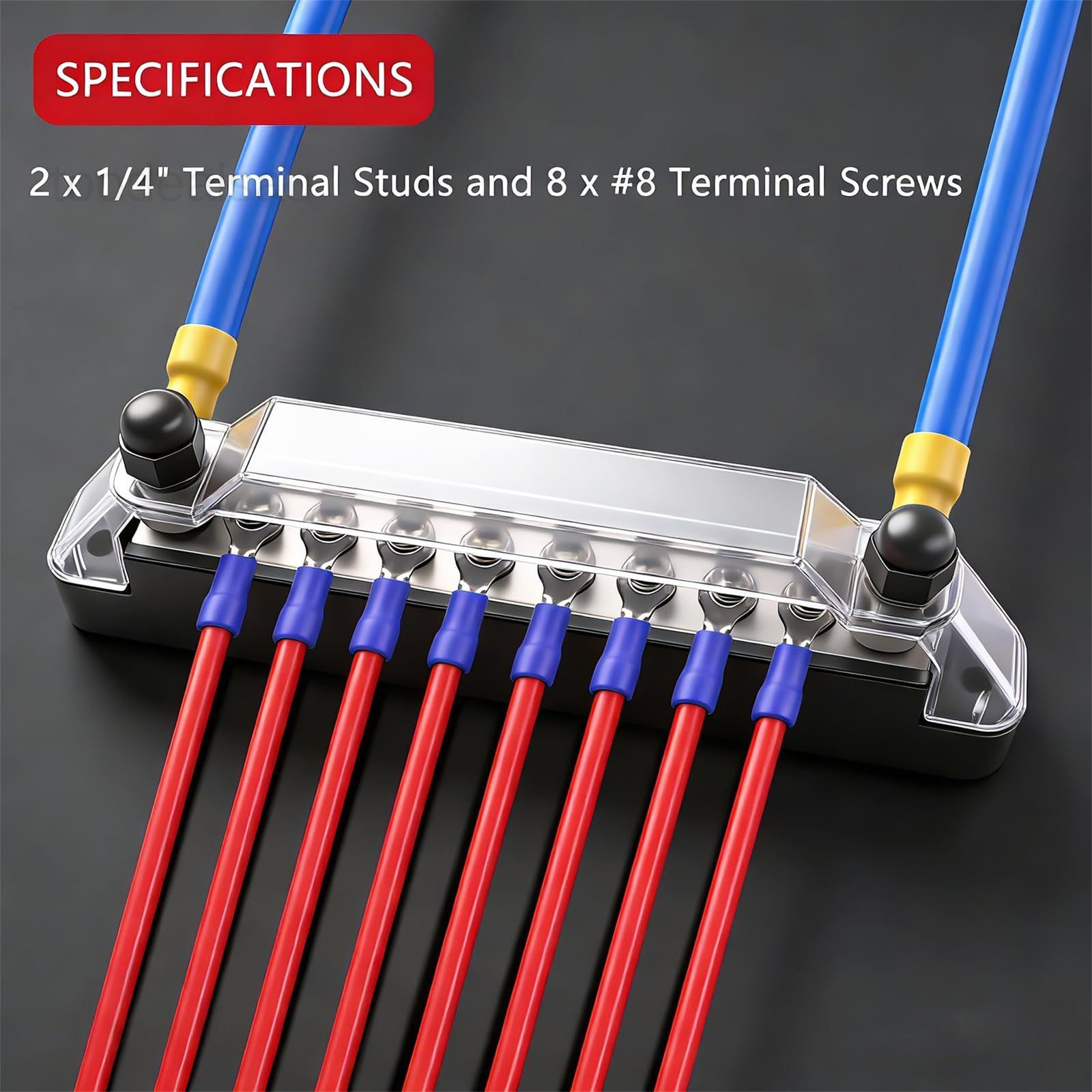150A 12V Bus Bar 150A, Type A: 2 x M6 Studs & 8 x M4 Screws(BK+R)