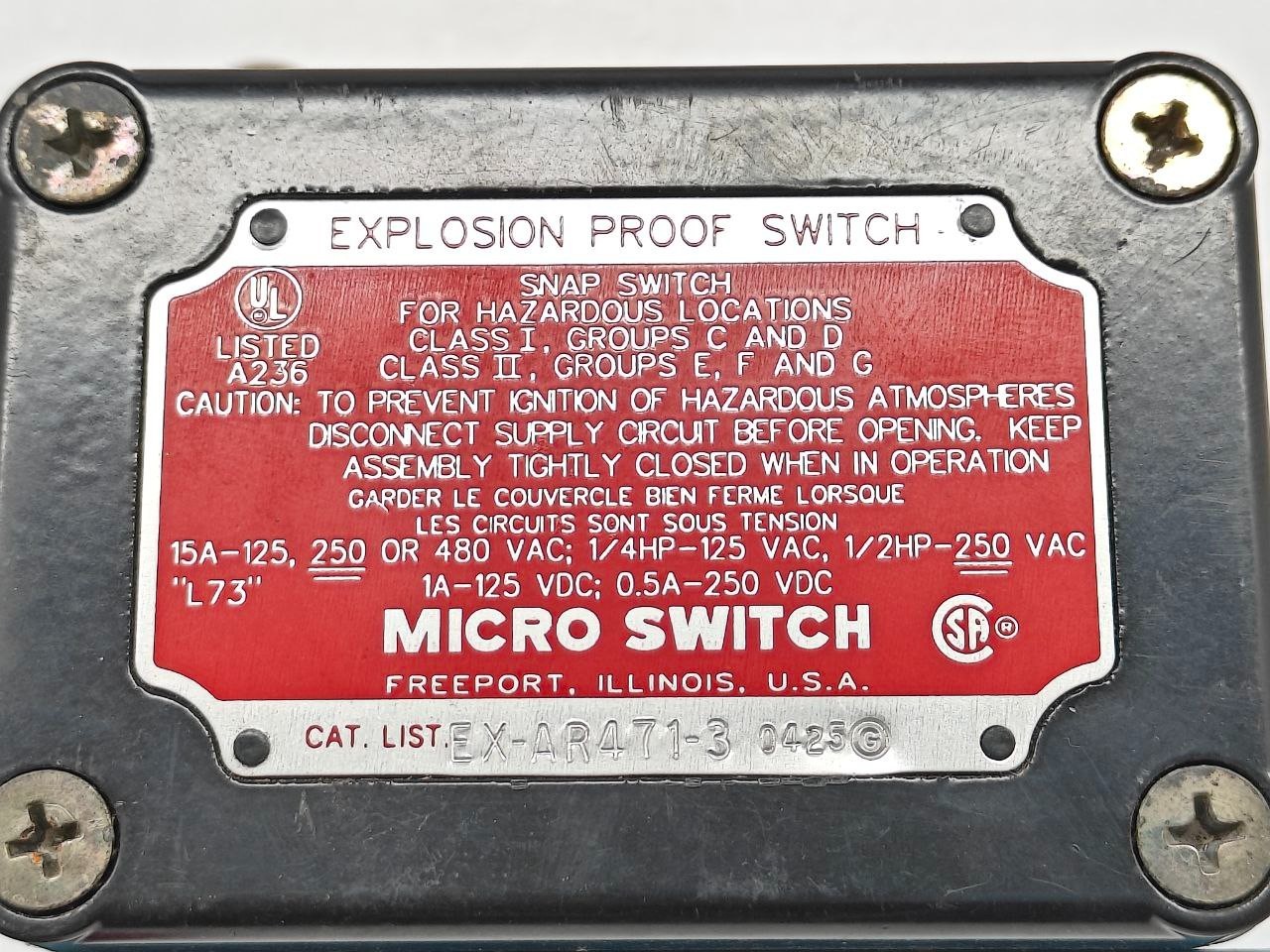 HONEYWELL SNAP SWITCH EX-AR471-3 EXPLOSION PROOF SWITCH