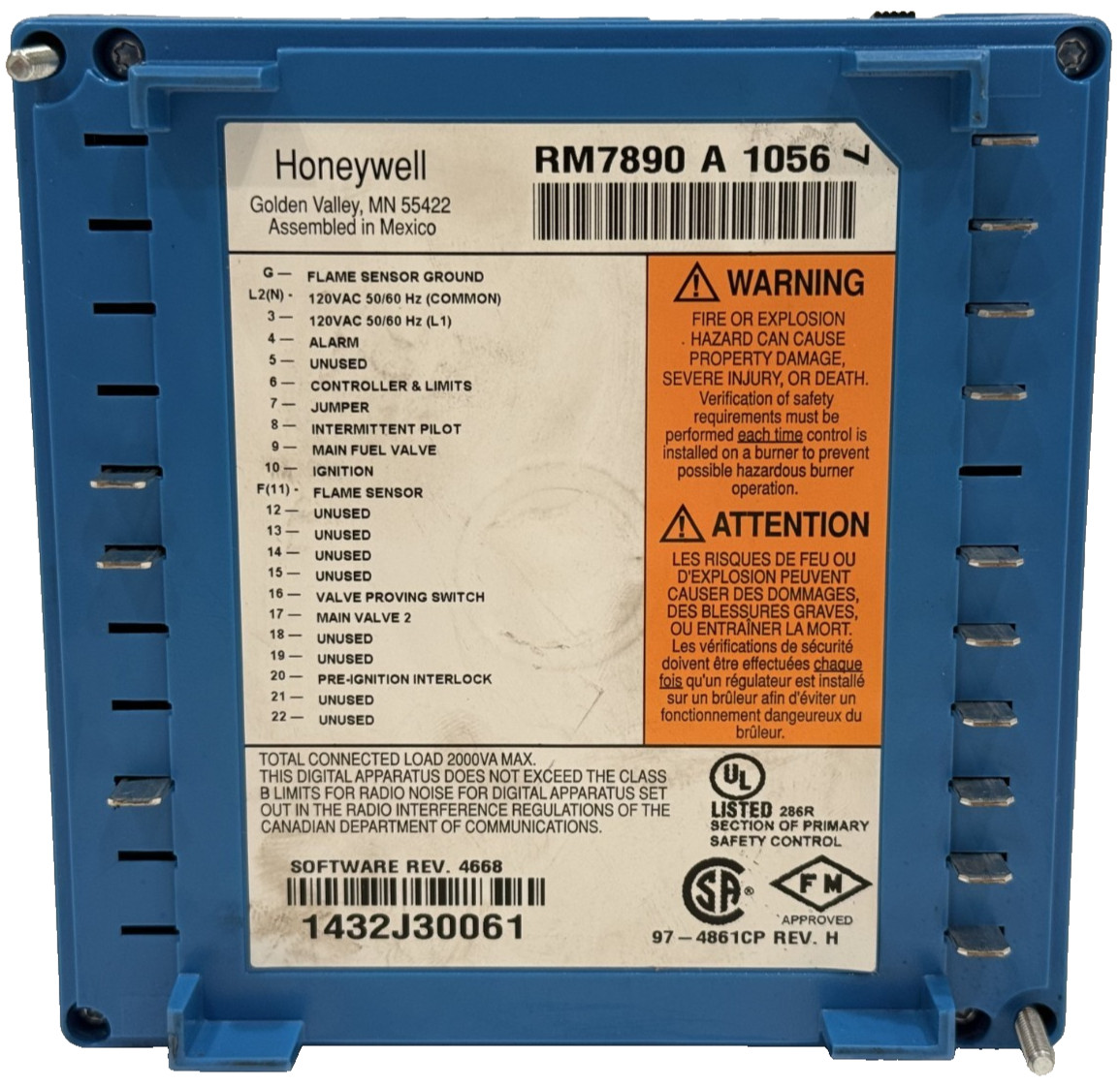 USED HONEYWELL RM7890 A 1056 ON/OFF PRIMARY BURNER CONTROLLER RM7890A1056